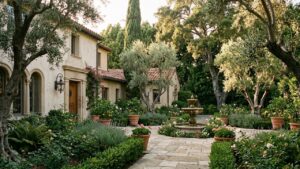 Refined Beverly Hills estate garden with mature landscaping, architectural stone detail, and warm afternoon light