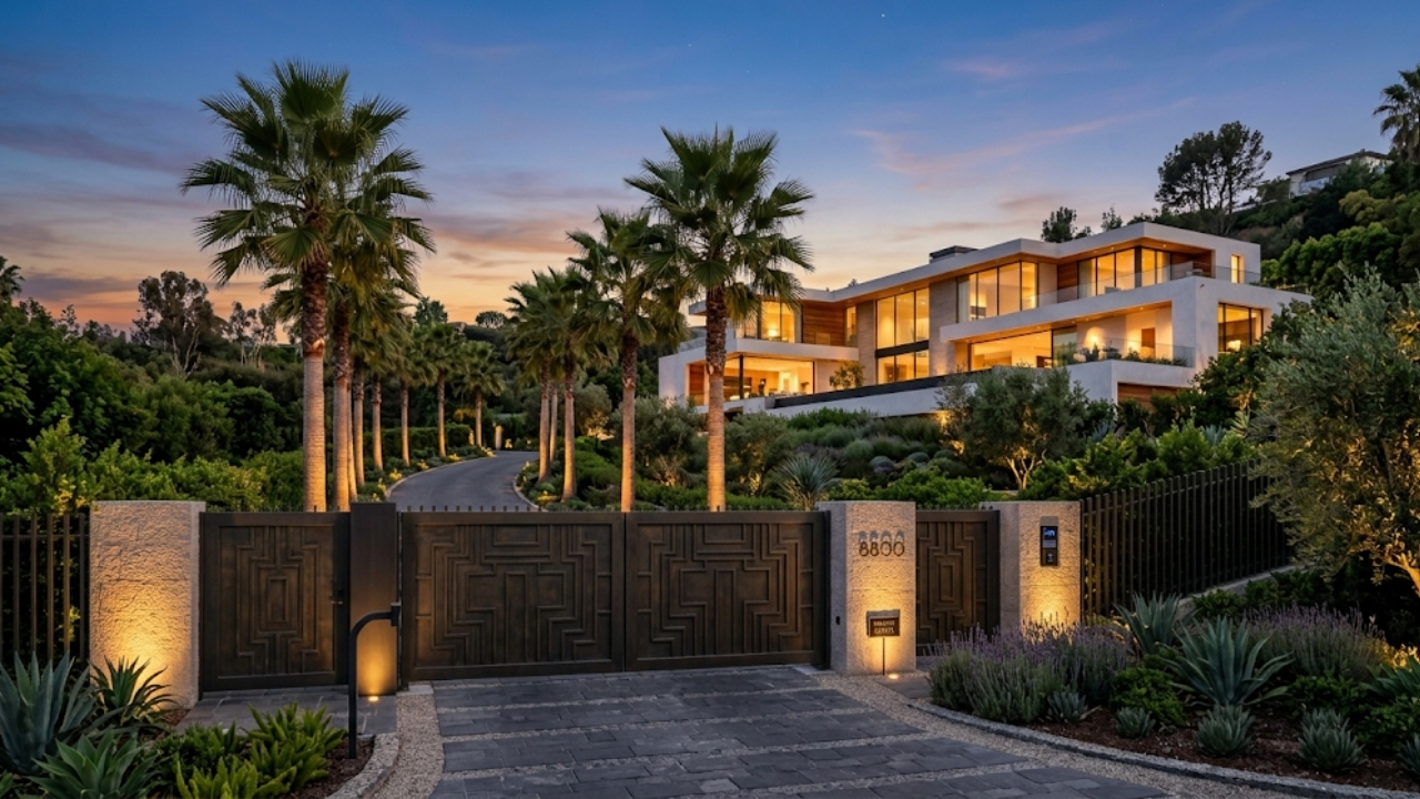 Beverly Hills gated luxury estate with private driveway and architectural presence — GCC international buyers 2026