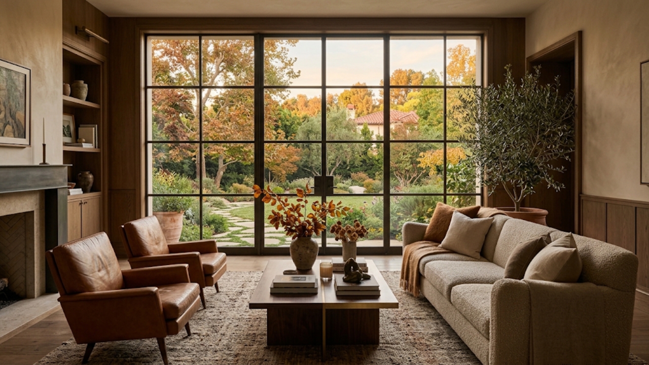 Warm-toned Beverly Hills luxury interior with afternoon light and refined architectural detail