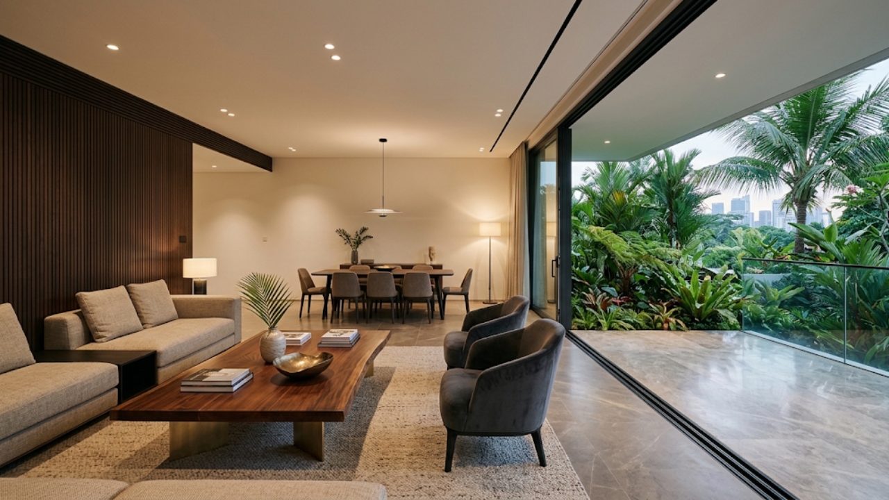 Contemporary Singapore luxury residential interior with refined finishes and tropical garden or city views